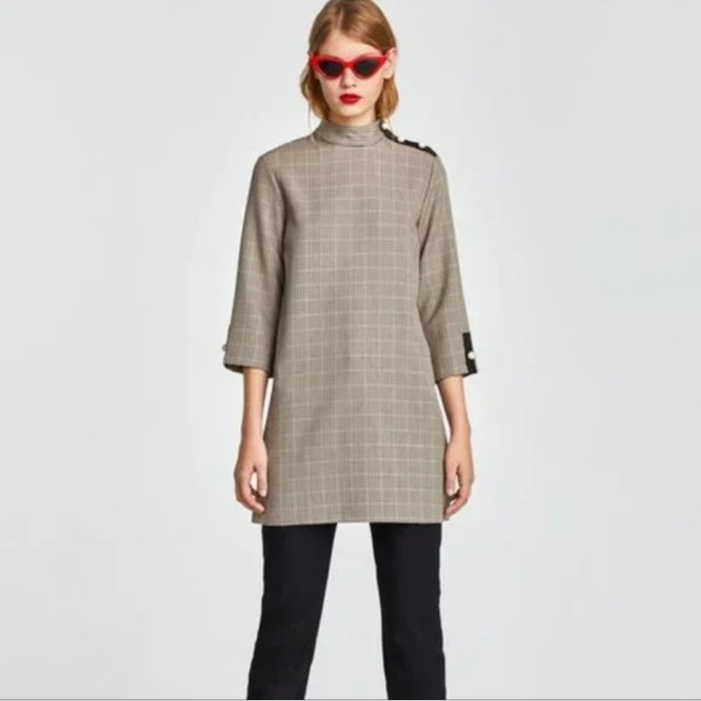 Zara Plaid Mock Neck Shift Dress with Pearl Button Details, Size XS, Brand New